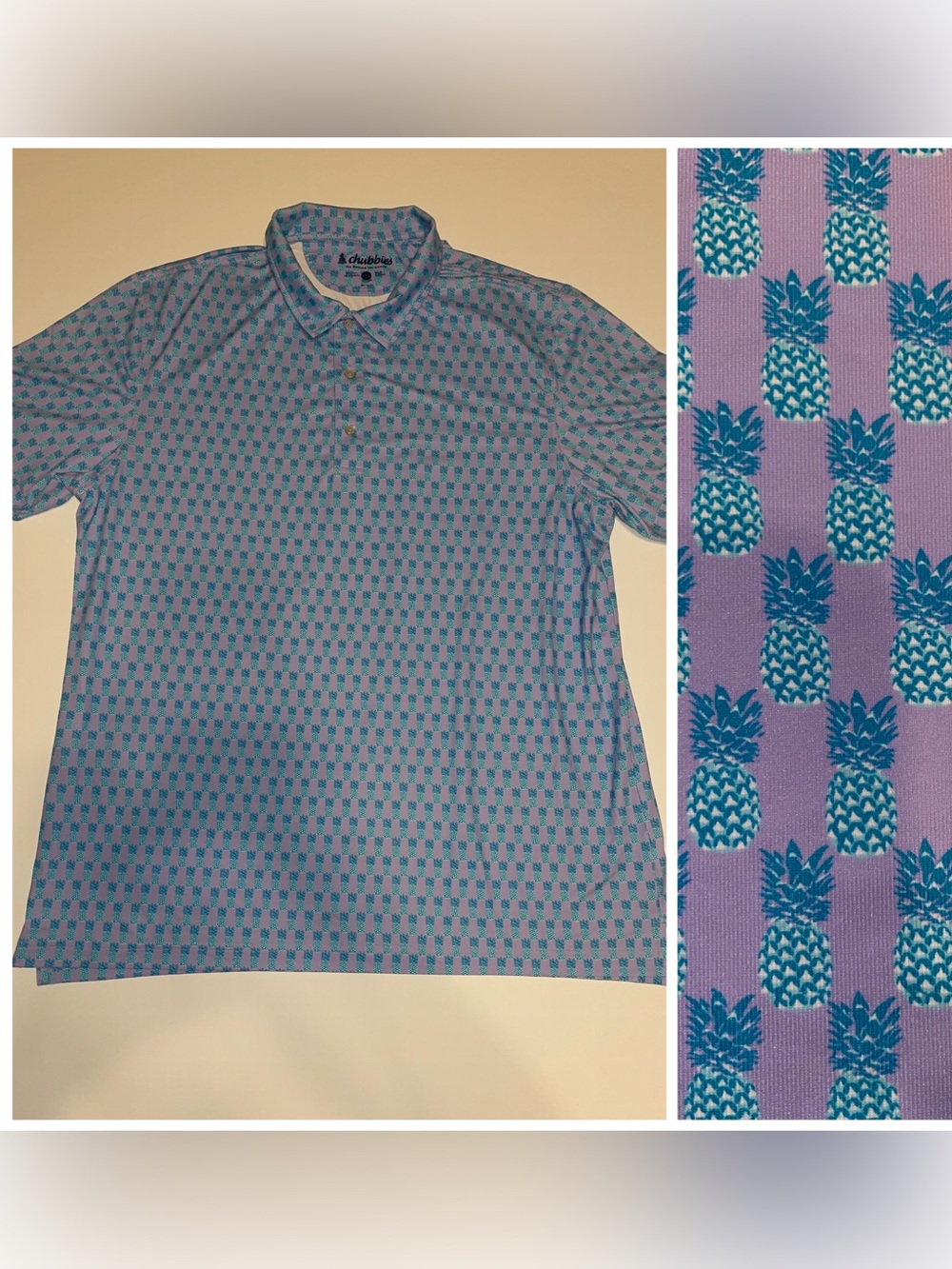 Chubbies Pineapple Print Purple & Teal Print Performance Polo - Sz XXL